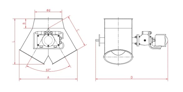Skirstytuvas dviejų krypčių simetrinis pneumatinis d100mm/2mm, 60°, dažytas