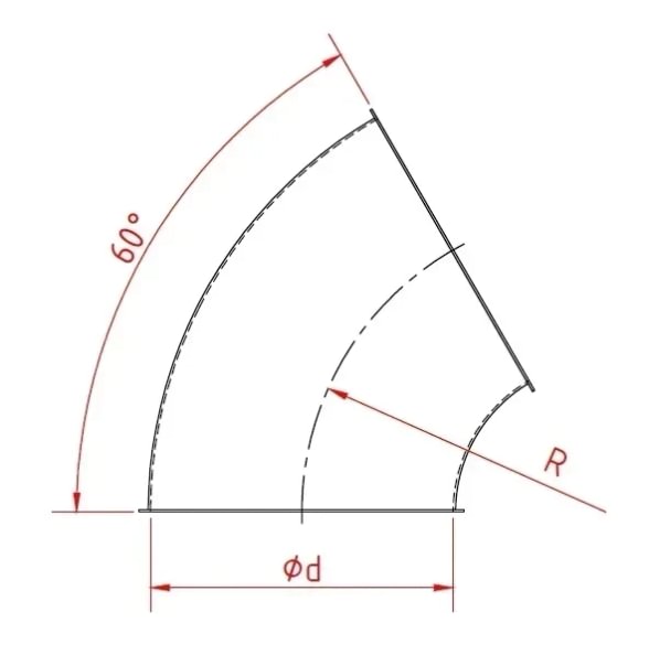 Alkūnė d100mm/2mm/60°, R=1D, nerūdijančio plieno