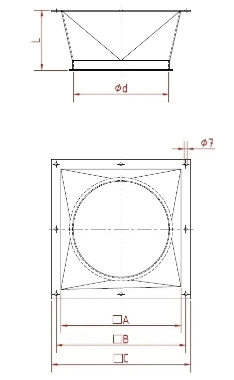 Perėjimas iš kvadrato į apvalų d100/2mm, dažytas