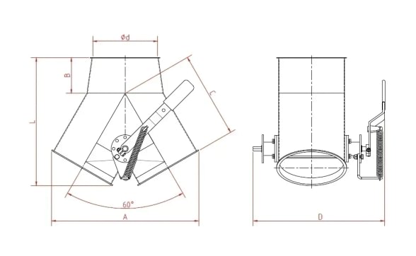 Skirstytuvas dviejų krypčių simetrinis rankinis d100mm/2mm, 60°, dažytas