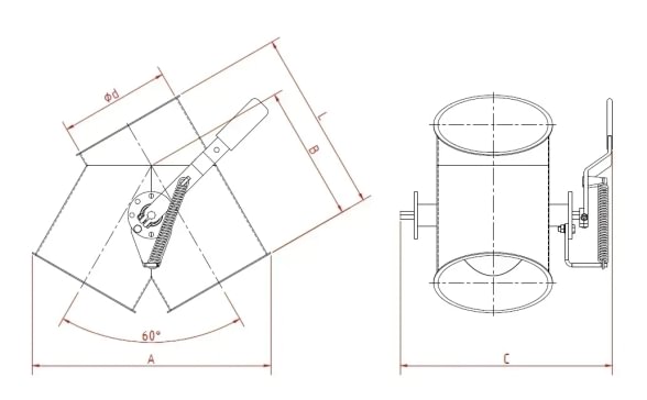 Skirstytuvas dviejų krypčių asimetrinis rankinis d200mm/2mm, 60°, dažytas
