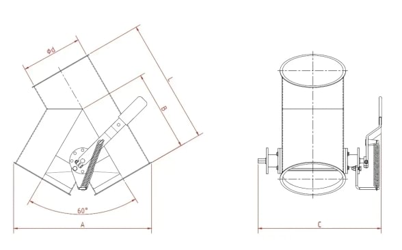 Skirstytuvas dviejų krypčių asimetrinis rankinis d120/2mm, 45°, dažytas