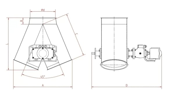 Skirstytuvas dviejų krypčių simetrinis pneumatinis d175/2mm, 45°, dažytas