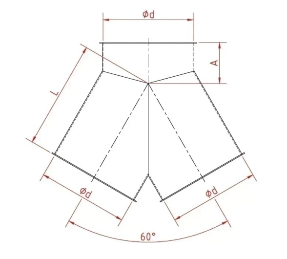 Trišakis simetrinis d150/150/150/2mm, 60°, dažytas