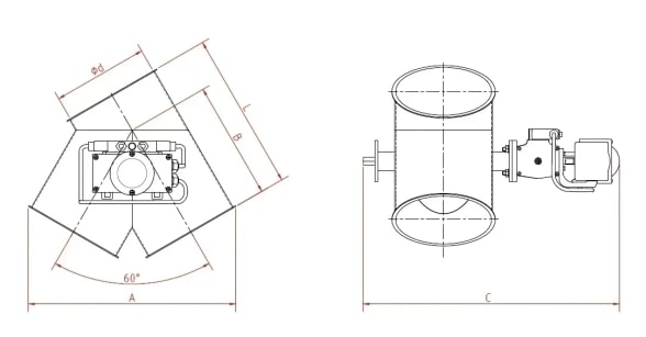 Skirstytuvas dviejų krypčių asimetrinis pneumatinis d150mm/2mm, 60°, nerūdijančio plieno
