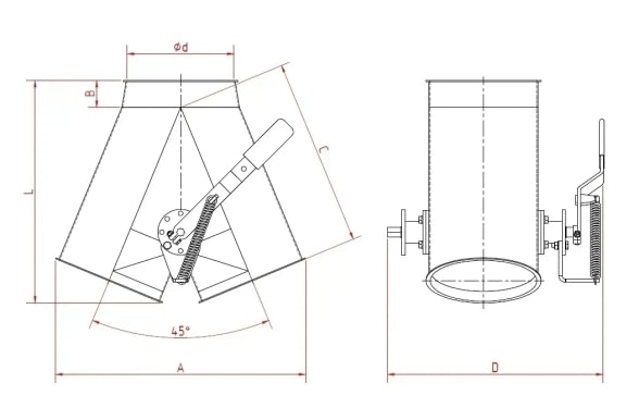 Skirstytuvas dviejų krypčių simetrinis rankinis d200/2mm, 45°, cinkuotas
