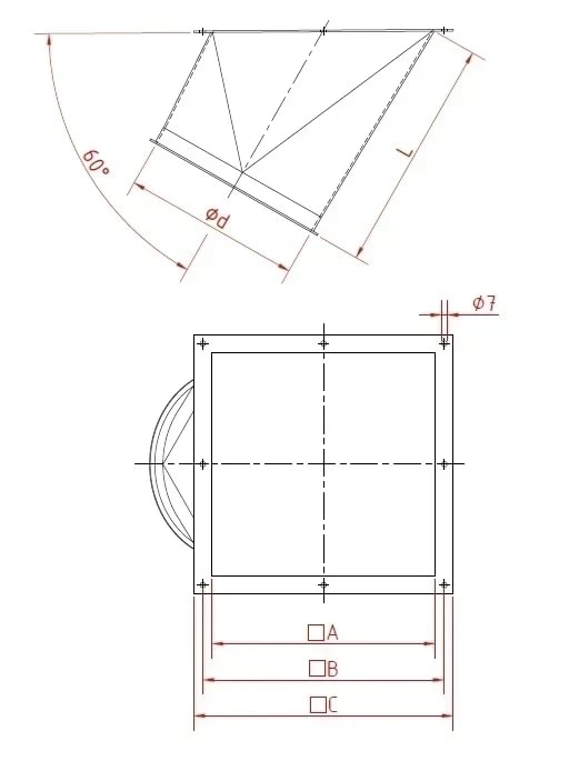 Perėjimas iš kvadrato į apvalų d80/1,5mm, 60°, dažytas