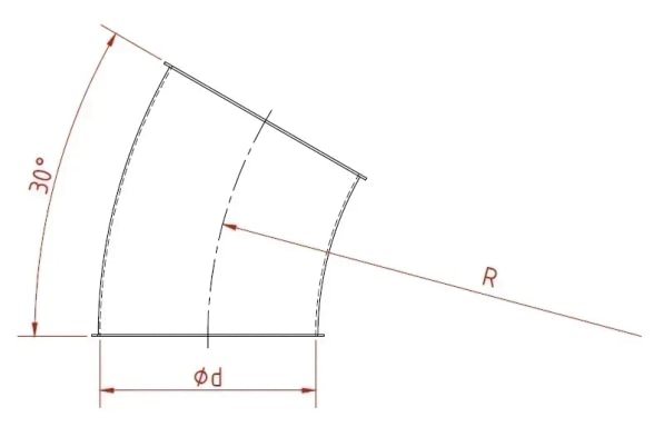 Alkūnė d100mm/1,5mm/30°, R=2D, cinkuota