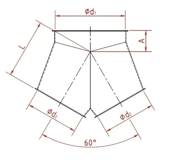 Trišakis simetrinis d100/80/80/1,5mm, 60°, dažytas