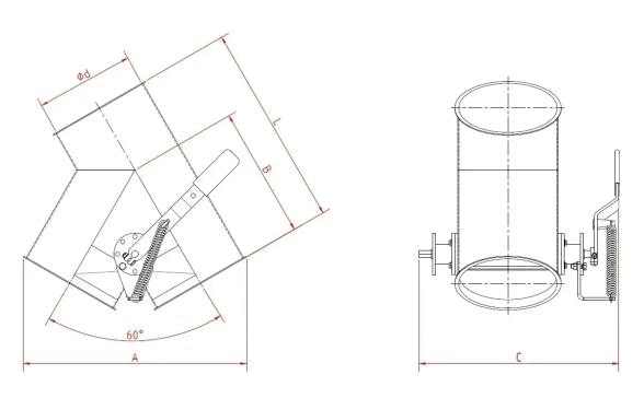 Skirstytuvas dviejų krypčių asimetrinis rankinis d100/2mm, 45°, cinkuotas