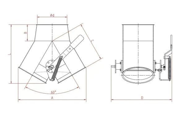 Skirstytuvas dviejų krypčių simetrinis rankinis d100/2mm, 45°, cinkuotas