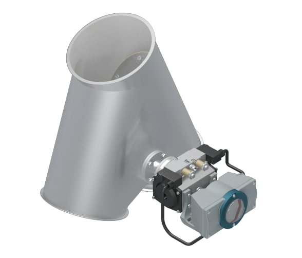 Skirstytuvas dviejų krypčių asimetrinis pneumatinis d100/2mm, 45°, dažytas