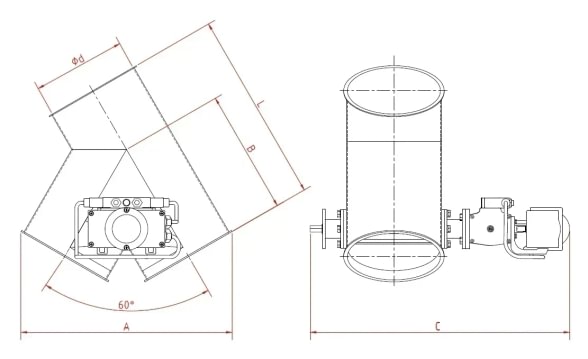 Skirstytuvas dviejų krypčių asimetrinis pneumatinis d100/2mm, 45°, dažytas