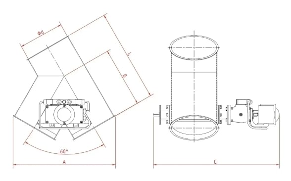 Skirstytuvas dviejų krypčių asimetrinis pneumatinis d100/2mm, 45°, dažytas