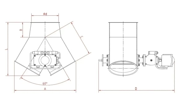 Skirstytuvas dviejų krypčių simetrinis pneumatinis d120/2mm, 45°, dažytas